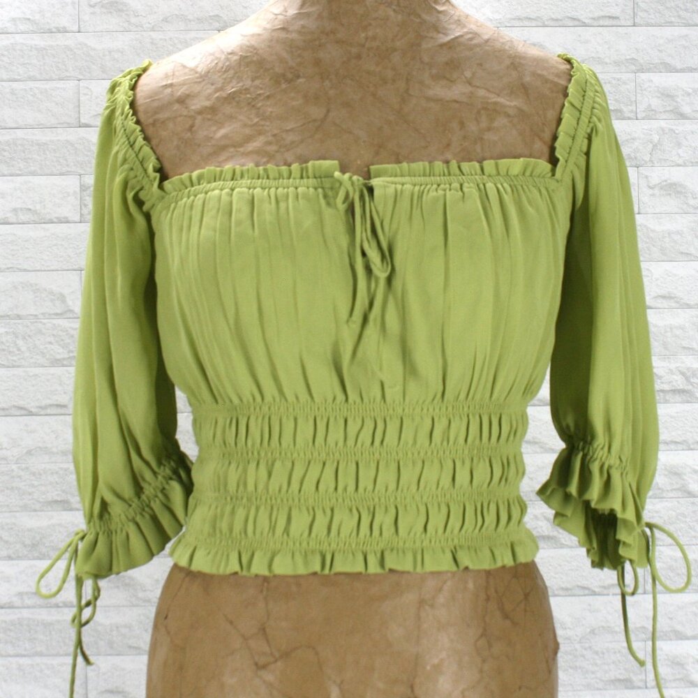 ABERCROMBIE & FITCH Top Cropped Shirred Peasant Short Off Shoulder Olive Green S